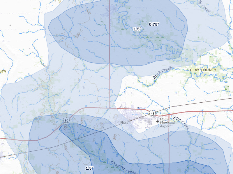NEXRAD radar-signature map of the hail storm over Flora, IL on Jul 3, 2026