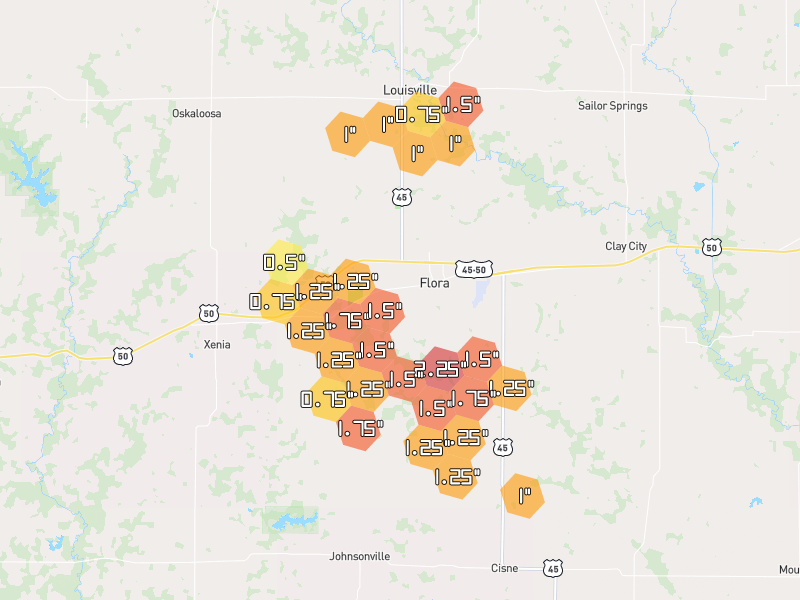 Hail map of Flora, IL on Jul 3, 2026, hail up to 2.25"
