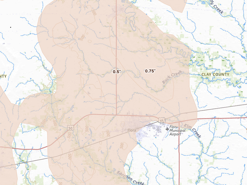 Radar-estimated hail-size map of the storm over Flora, IL on Jul 26, 2026