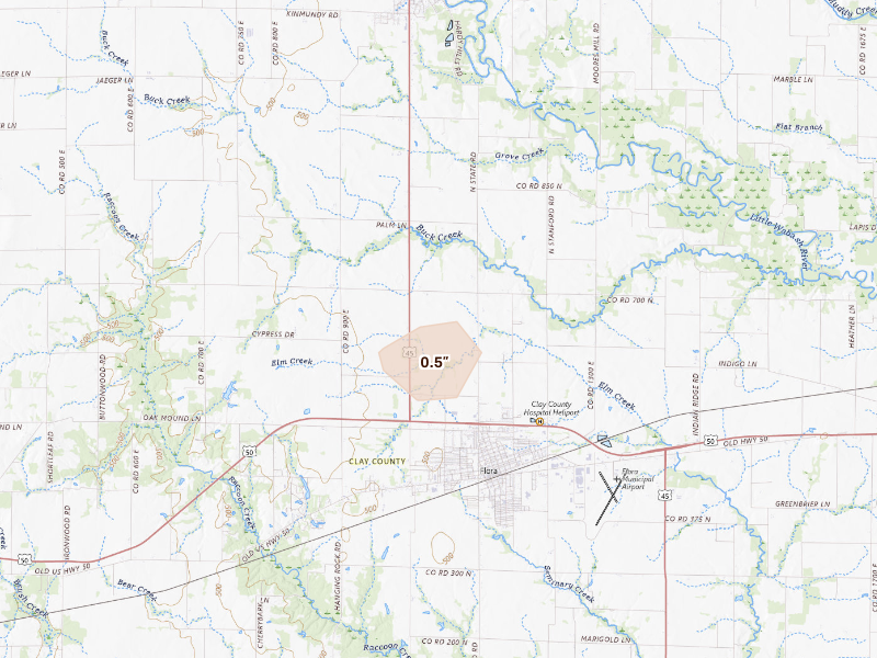 Radar-estimated hail-size map of the storm over Flora, IL on Sep 16, 2026