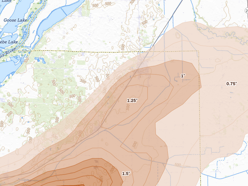 Radar-estimated hail-size map of the storm over Forest City, IL on Apr 3, 2026