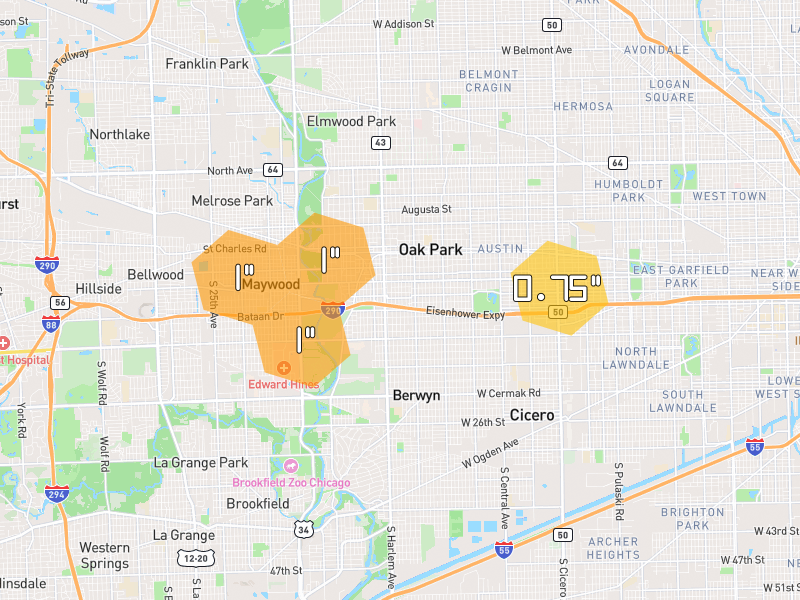 Hail map of Forest Park, IL on Jul 3, 2026, hail up to 1"