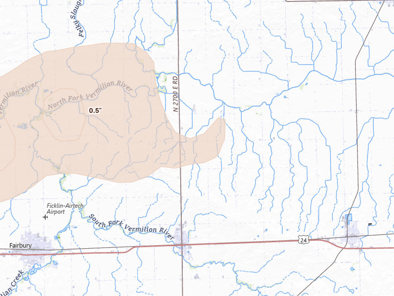 Radar-estimated hail-size map of the storm over Forrest, IL on May 4, 2026