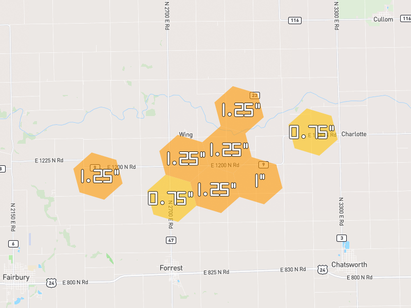 Hail map of Forrest, IL on Jun 6, 2026, hail up to 1.25"