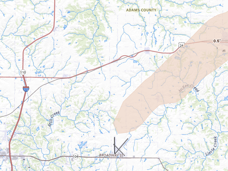 Radar-estimated hail-size map of the storm over Fowler, IL on Apr 27, 2026