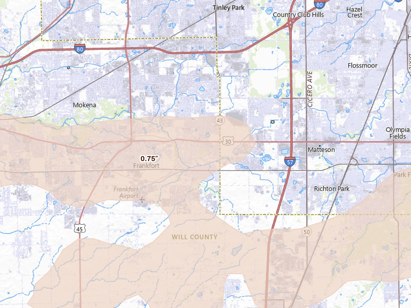 Radar-estimated hail-size map of the storm over Frankfort, IL on Mar 31, 2026