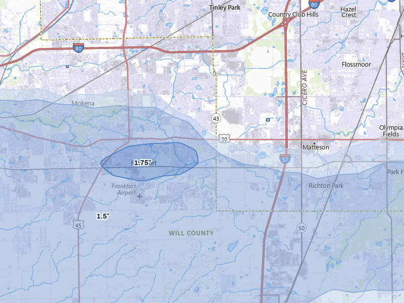 NEXRAD radar-signature map of the hail over Frankfort, IL