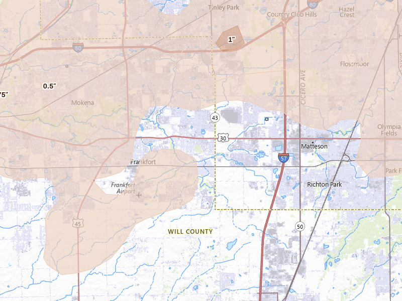 Radar-estimated hail-size map of the storm over Frankfort, IL on Jul 3, 2026
