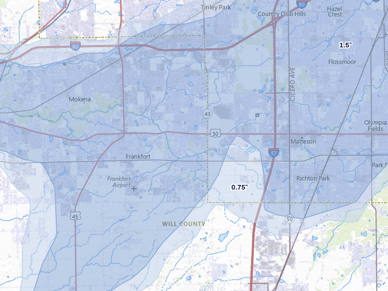 NEXRAD radar-signature map of the hail storm over Frankfort, IL on Jul 3, 2026