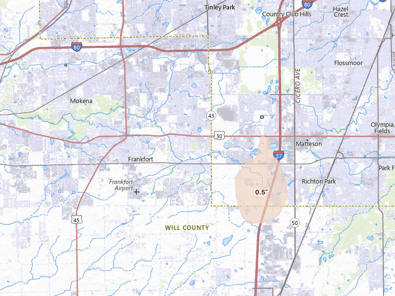 Radar-estimated hail-size map of the storm over Frankfort, IL on Jul 4, 2026