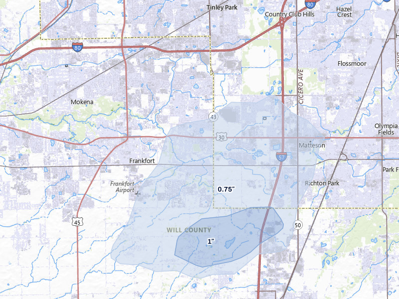 NEXRAD radar-signature map of the hail over Frankfort, IL