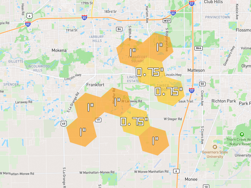Hail map of Frankfort, IL on Jul 4, 2026, hail up to 1"