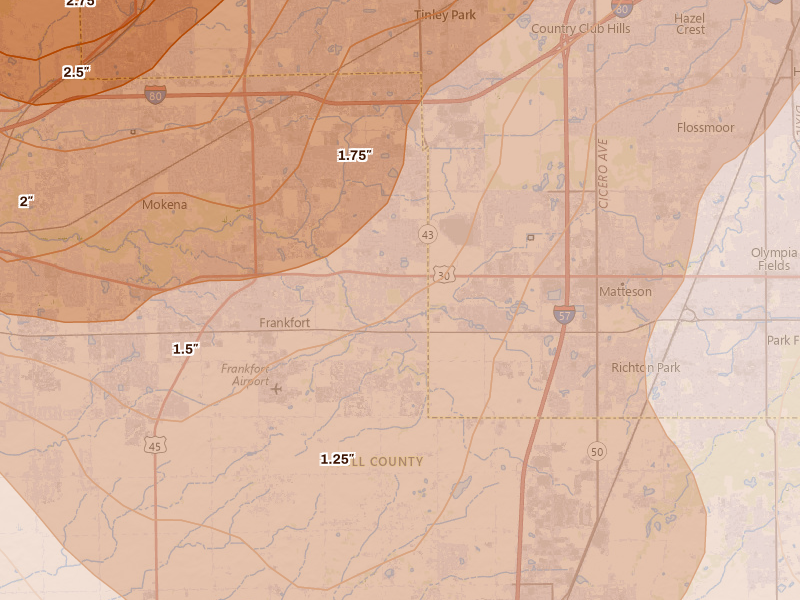 Radar-estimated hail-size map of the storm over Frankfort, IL on Jul 27, 2026