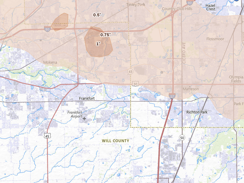 Radar-estimated hail-size map of the storm over Frankfort, IL on Aug 9, 2026