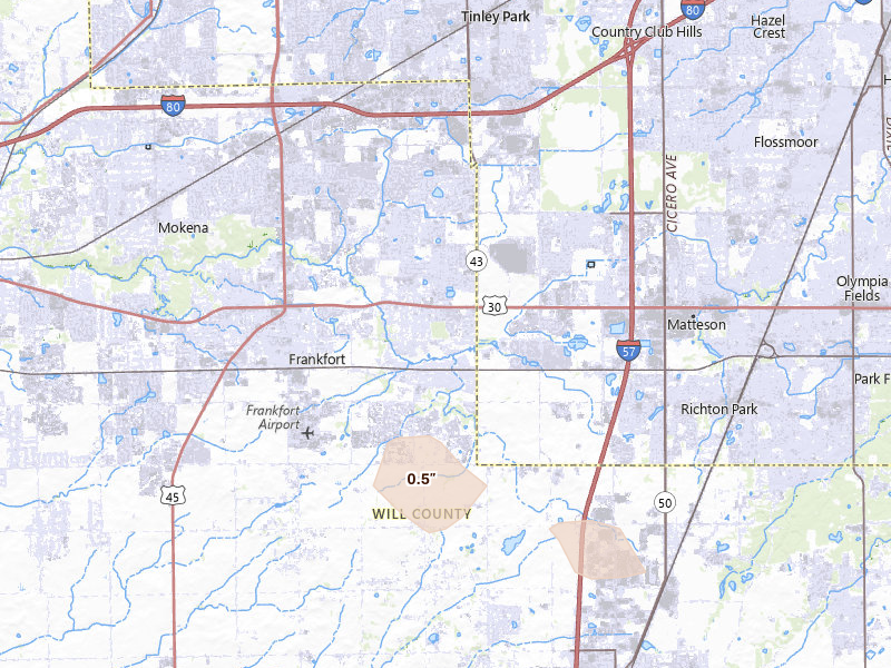 Radar-estimated hail-size map of the storm over Frankfort, IL on Aug 10, 2026