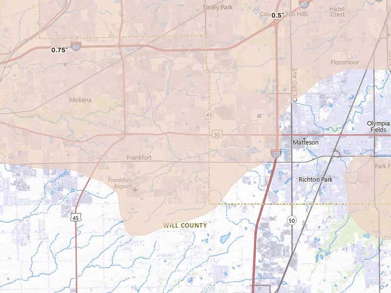 Radar-estimated hail-size map of the storm over Frankfort, IL on Aug 11, 2026