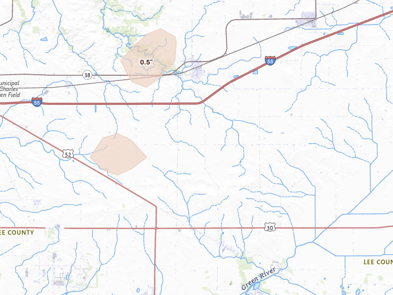 Radar-estimated hail-size map of the storm over Franklin Grove, IL on Jun 10, 2026