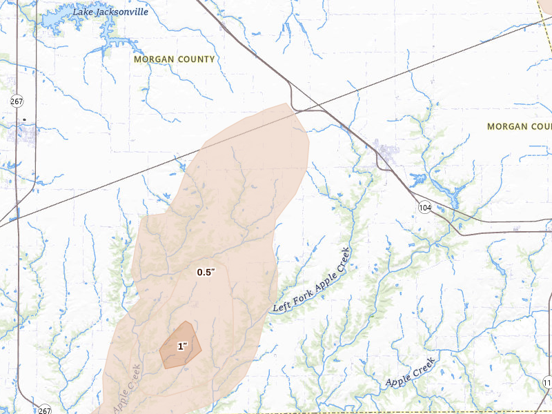 Radar-estimated hail-size map of the storm over Franklin, IL on Jul 3, 2026