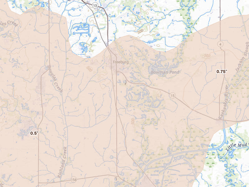 Radar-estimated hail-size map of the storm over Freeburg, IL on Apr 27, 2026