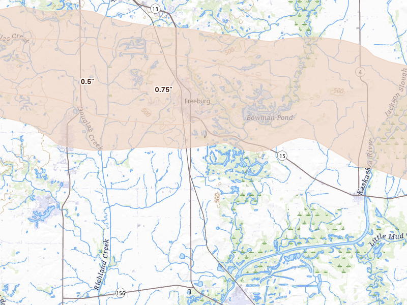 Radar-estimated hail-size map of the storm over Freeburg, IL on May 4, 2026