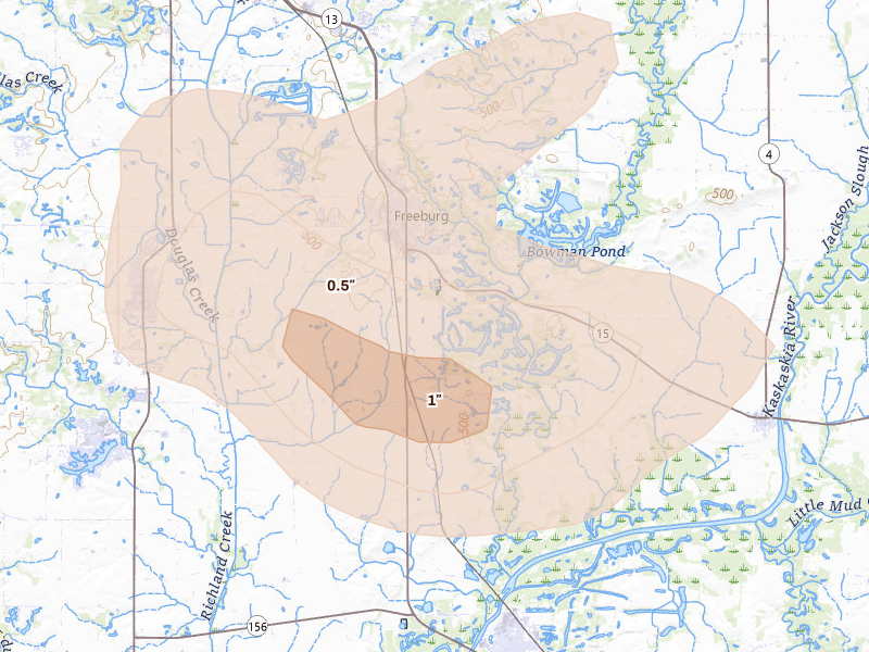 Radar-estimated hail-size map of the storm over Freeburg, IL on May 16, 2026