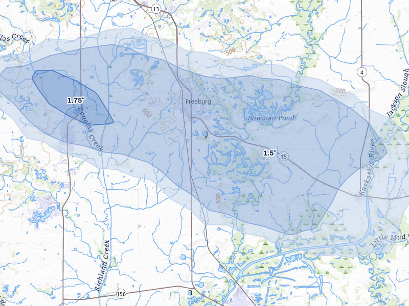 NEXRAD radar-signature map of the hail storm over Freeburg, IL on May 16, 2026
