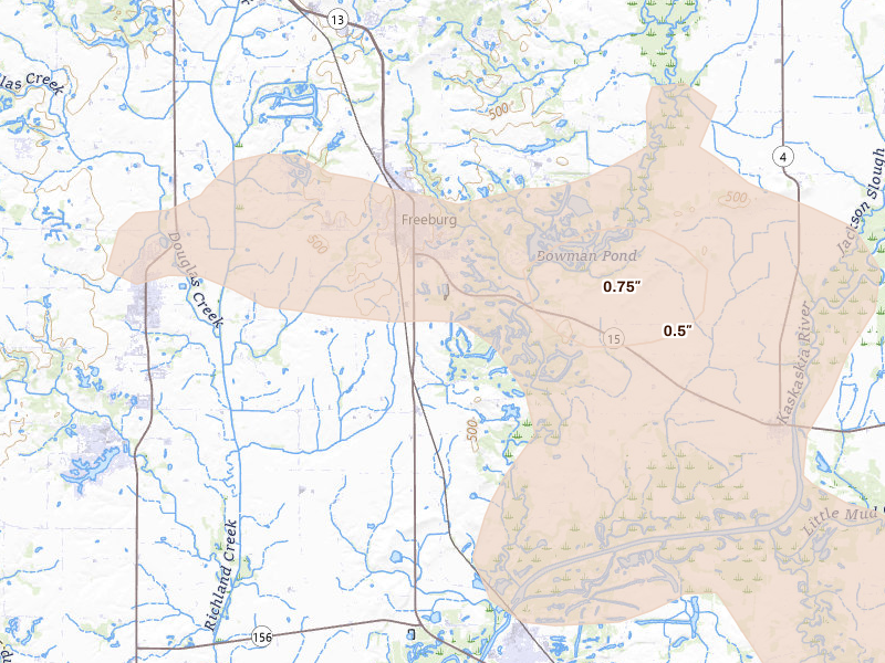 Radar-estimated hail-size map of the storm over Freeburg, IL on May 31, 2026