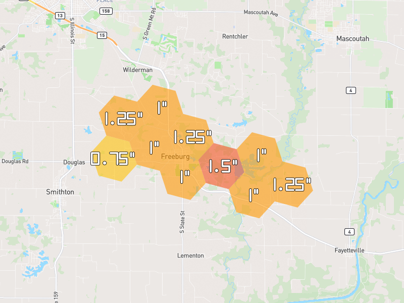 Hail map of Freeburg, IL on Jun 1, 2026, hail up to 1.5"