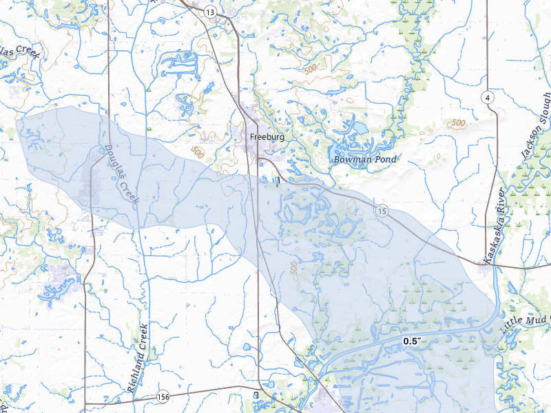 NEXRAD radar-signature map of the hail storm over Freeburg, IL on Jul 8, 2026