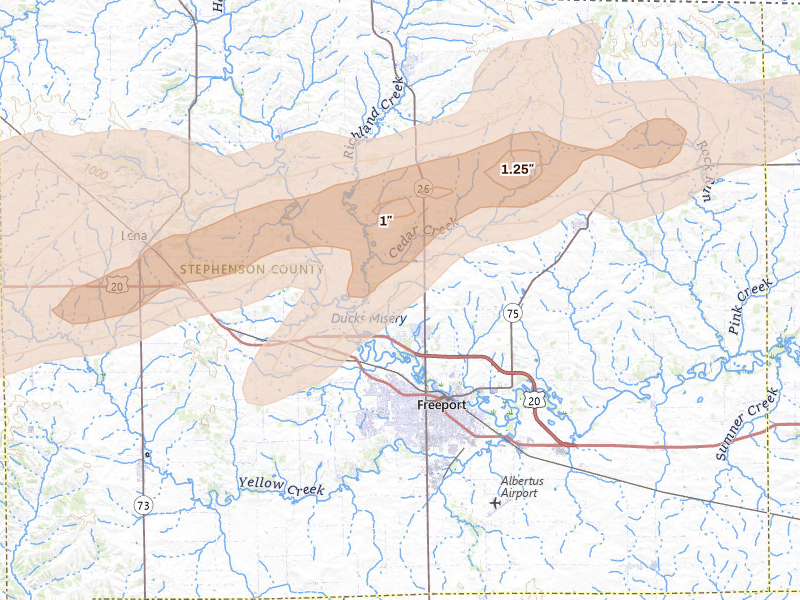 Radar-estimated hail-size map of the storm over Freeport, IL on Mar 10, 2026