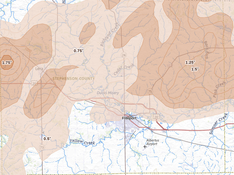 Radar-estimated hail-size map of the storm over Freeport, IL on Apr 17, 2026
