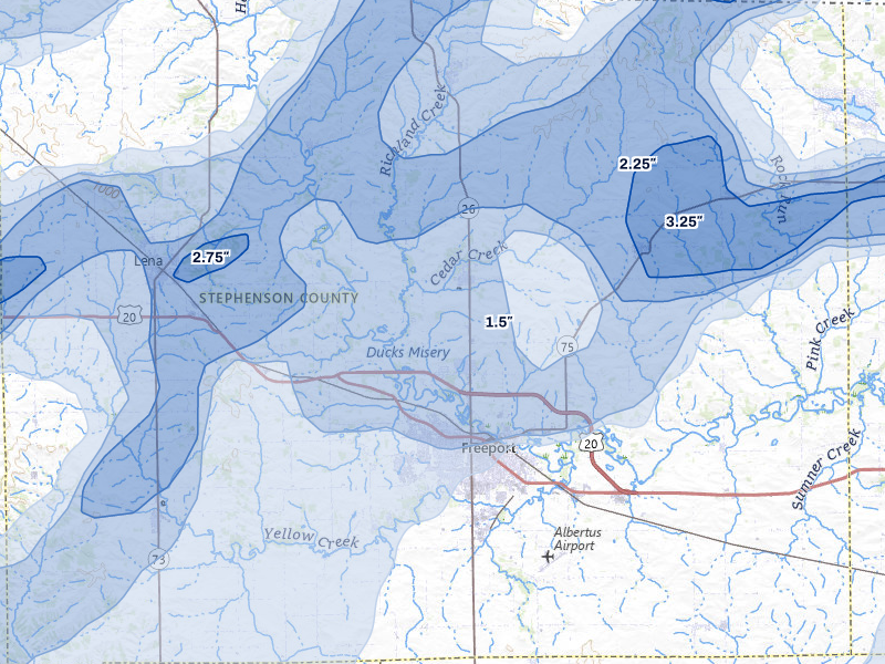 NEXRAD radar-signature map of the hail over Freeport, IL