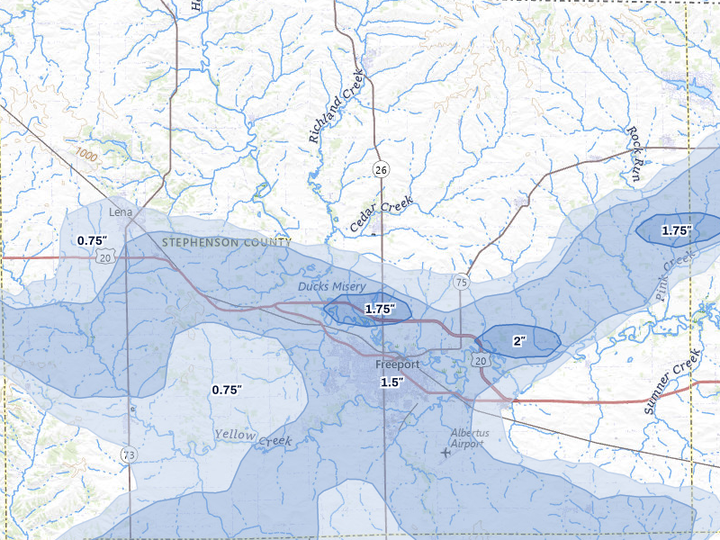 NEXRAD radar-signature map of the hail storm over Freeport, IL on Jul 3, 2026