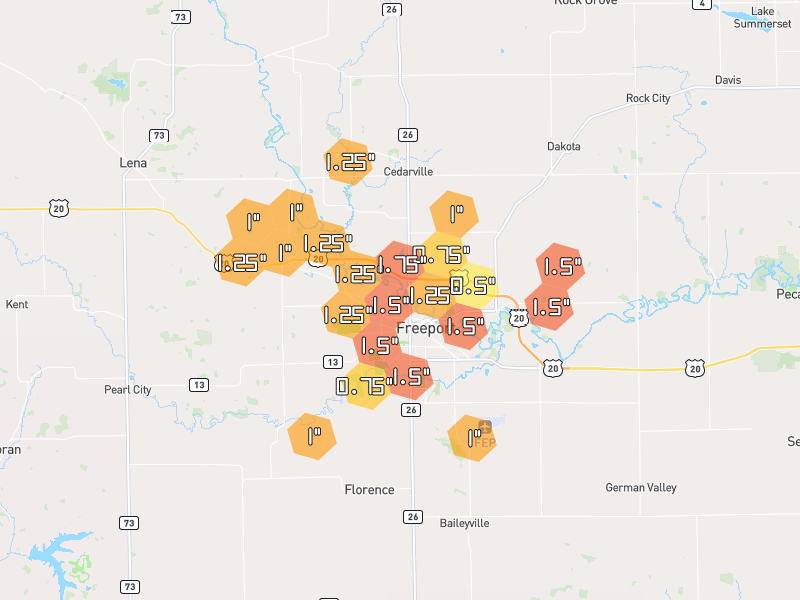 Hail map of Freeport, IL on Jul 3, 2026, hail up to 1.75"