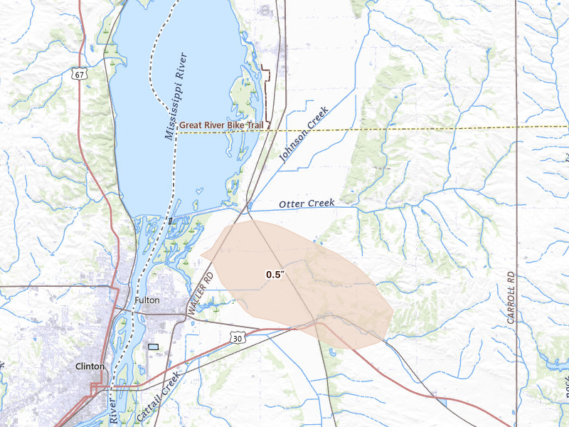 Radar-estimated hail-size map of the storm over Fulton, IL on Jun 24, 2026