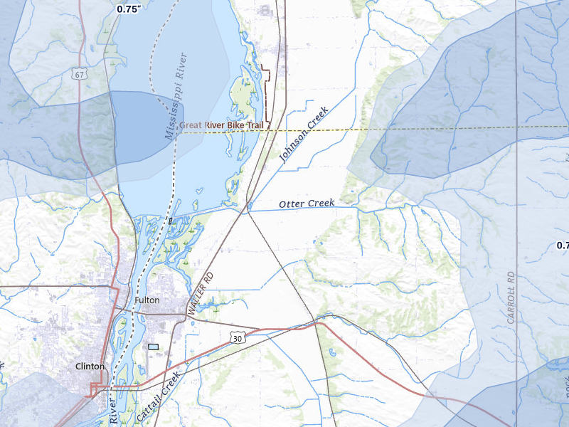 NEXRAD radar-signature map of the hail storm over Fulton, IL on Jul 3, 2026