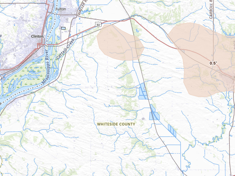 Radar-estimated hail-size map of the storm over Fulton, IL on Aug 11, 2026