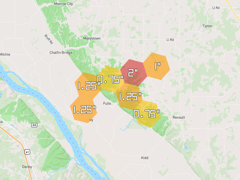 Hail map of Fults, IL on Jul 3, 2026, hail up to 2"