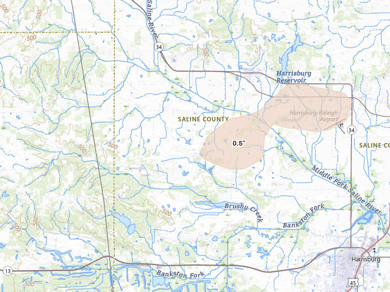 Radar-estimated hail-size map of the storm over Galatia, IL on Mar 4, 2026