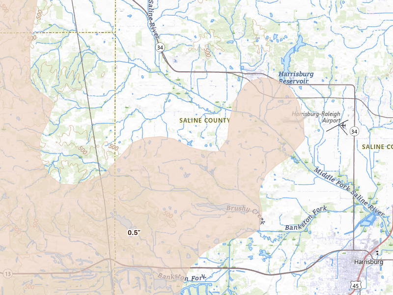 Radar-estimated hail-size map of the storm over Galatia, IL on Apr 27, 2026