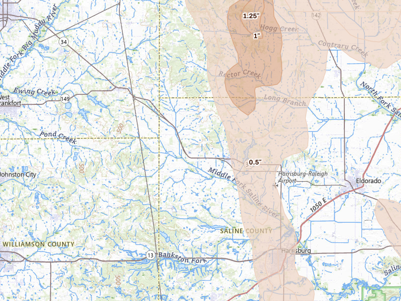 Radar-estimated hail-size map of the storm over Galatia, IL on Jul 26, 2026