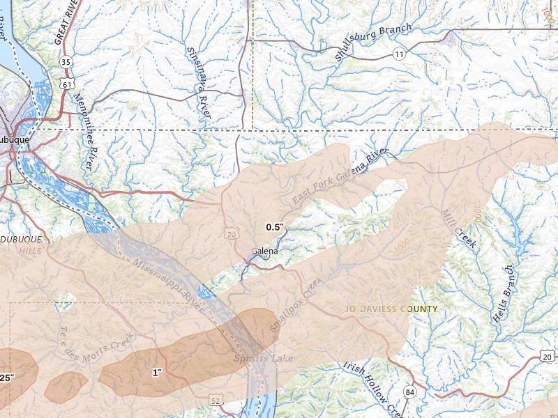 Radar-estimated hail-size map of the storm over Galena, IL on Mar 10, 2026