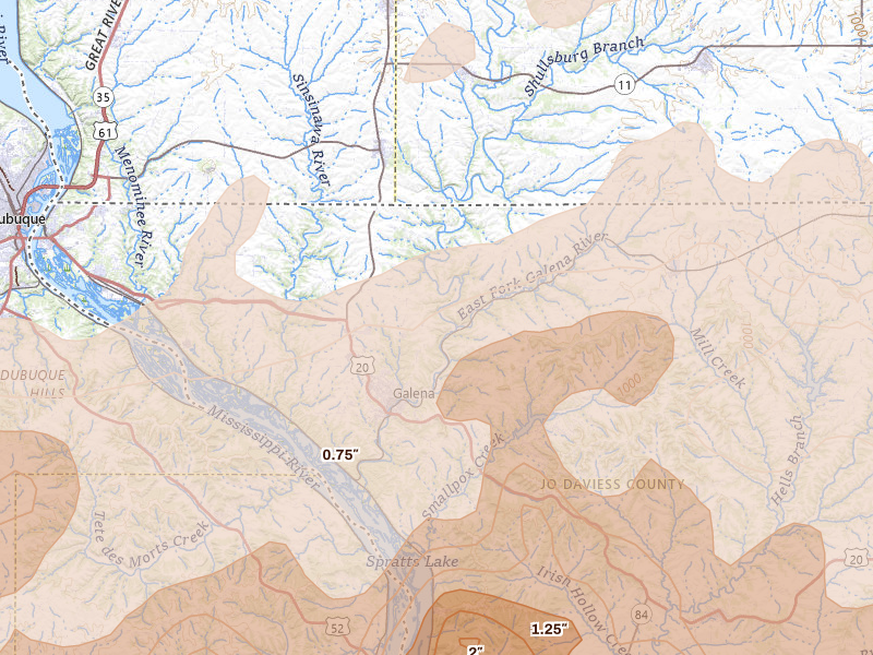 Radar-estimated hail-size map of the storm over Galena, IL on Apr 17, 2026