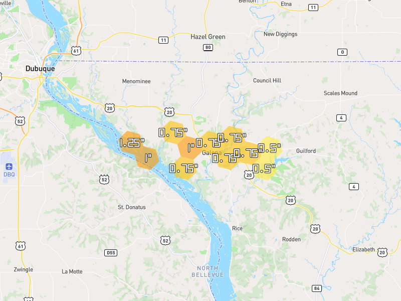Hail map of Galena, IL on Jul 2, 2026, hail up to 1.25"