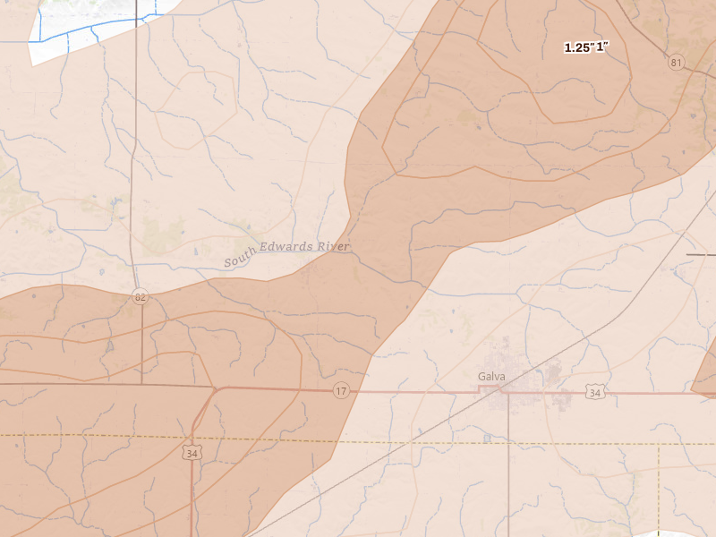 Radar-estimated hail-size map of the storm over Galva, IL on Mar 10, 2026