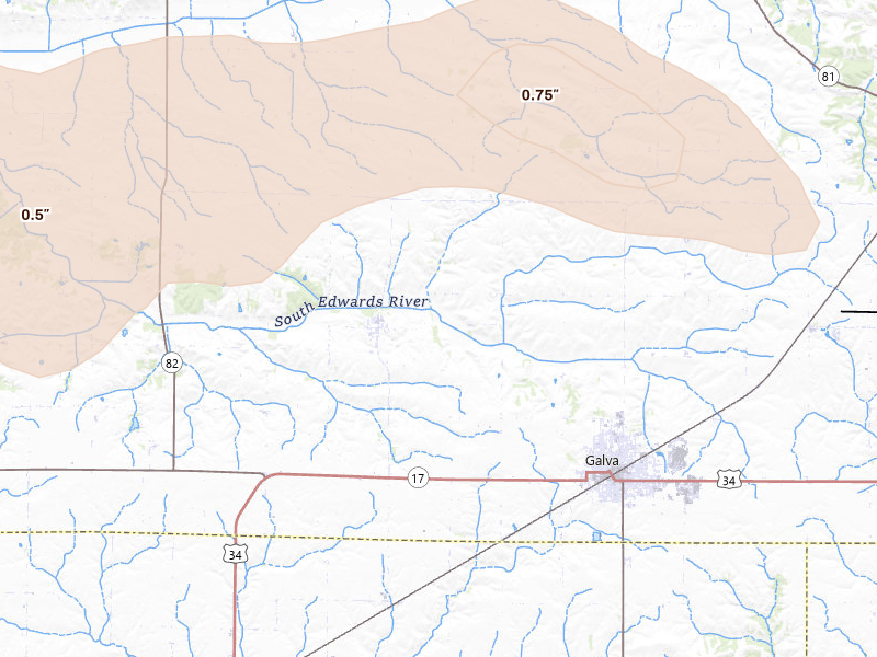 Radar-estimated hail-size map of the storm over Galva, IL on Jun 5, 2026
