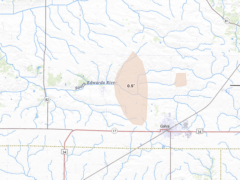 Radar-estimated hail-size map of the storm over Galva, IL on Jun 10, 2026