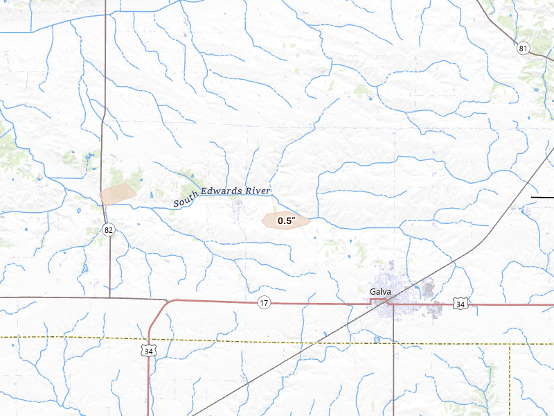 Radar-estimated hail-size map of the storm over Galva, IL on Jul 18, 2026