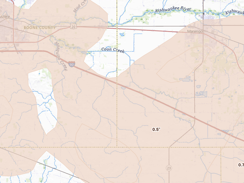 Radar-estimated hail-size map of the storm over Garden Prairie, IL
