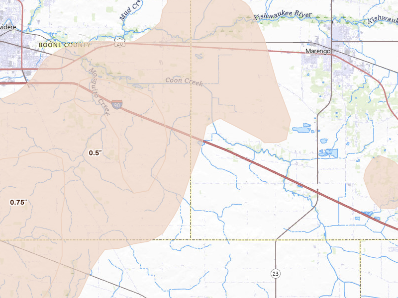 Radar-estimated hail-size map of the storm over Garden Prairie, IL on Jun 11, 2026